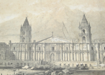 Antigua fachada de la Catedral de Arequipa y la Plaza de Armas.