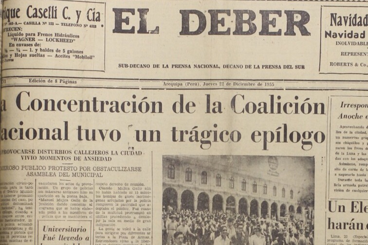 Portada del diario El Deber, dando cuenta de las protestas de diciembre de 1955.